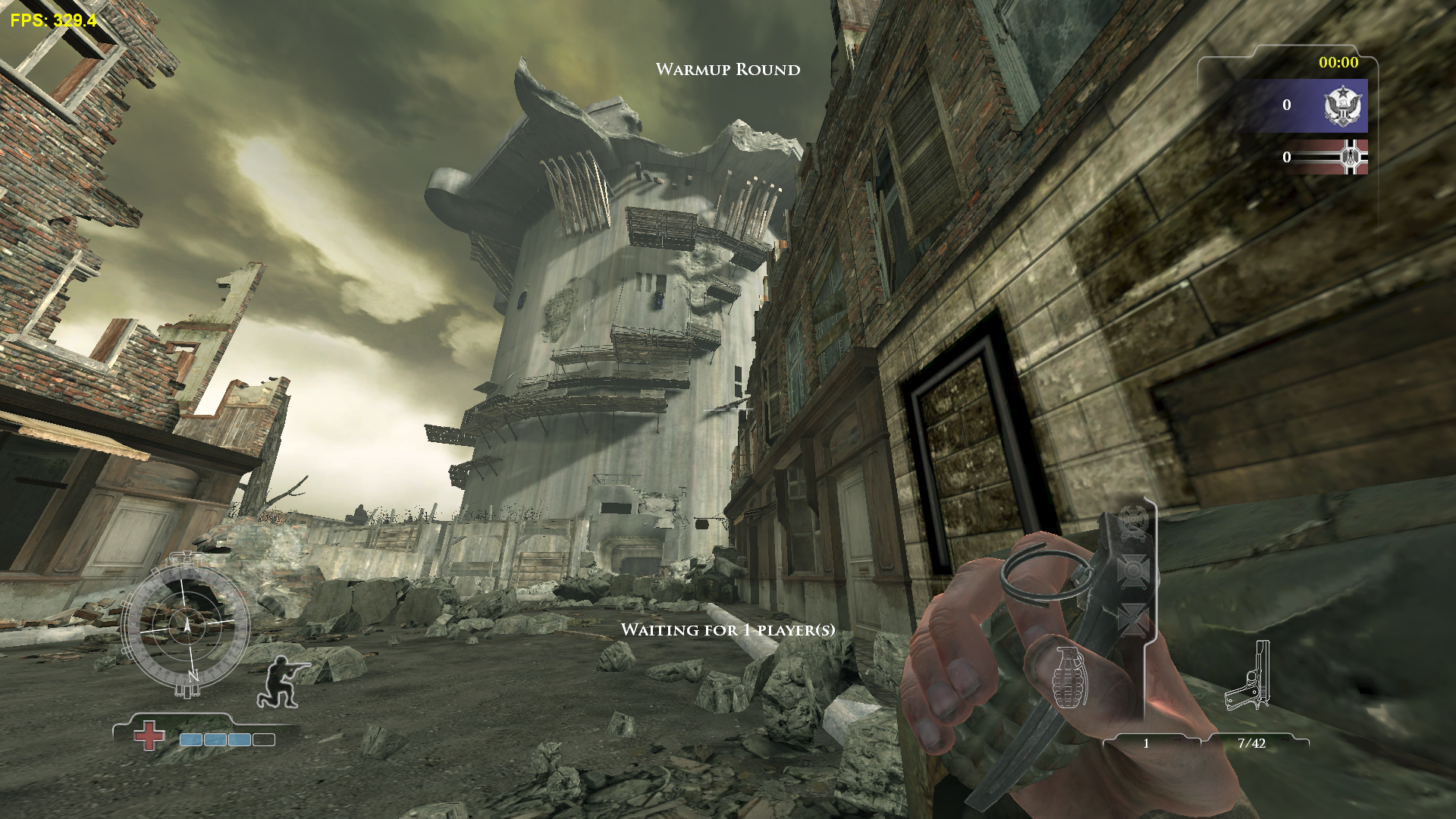 Flak Tower rising above ruined streets in Medal of Honor: Airborne multiplayer